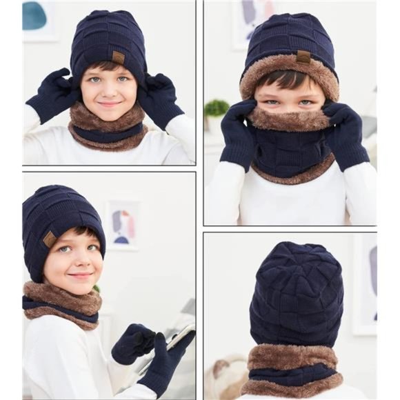 Kids Winter Beanie Hat Scarf Touchscreen Gloves Set for Boys Girls 4-15 Years - Picture 10 of 12